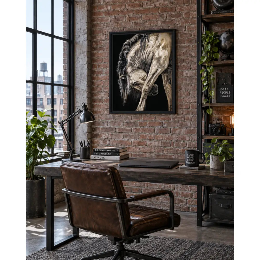 Black-framed fine art print untamed grace featuring a detailed monochromatic horse illustration by nadine ewing