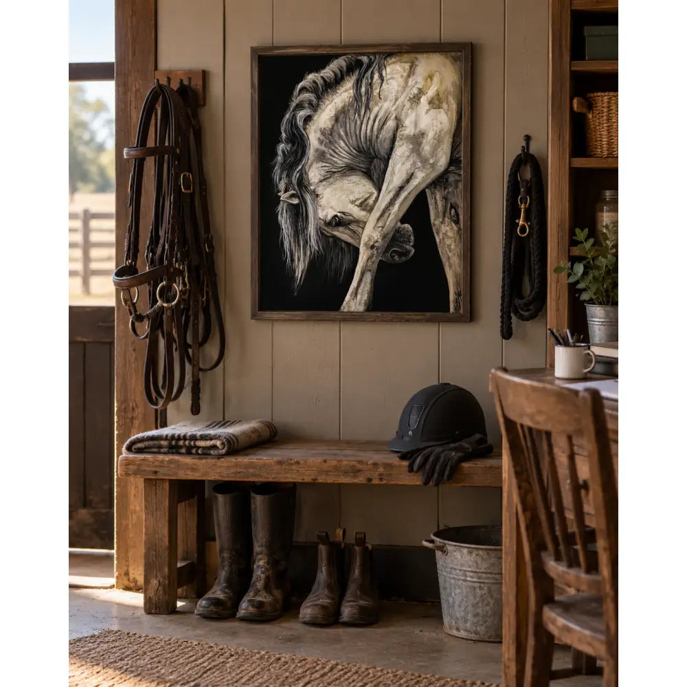 Framed fine art print titled untamed grace featuring a white horse with black and gray shading in a rustic wooden frame