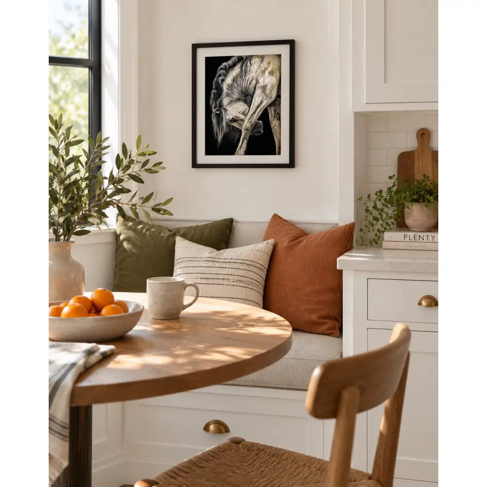 Black-framed untamed grace fine art print featuring a detailed monochromatic horse head illustration by nadine ewing