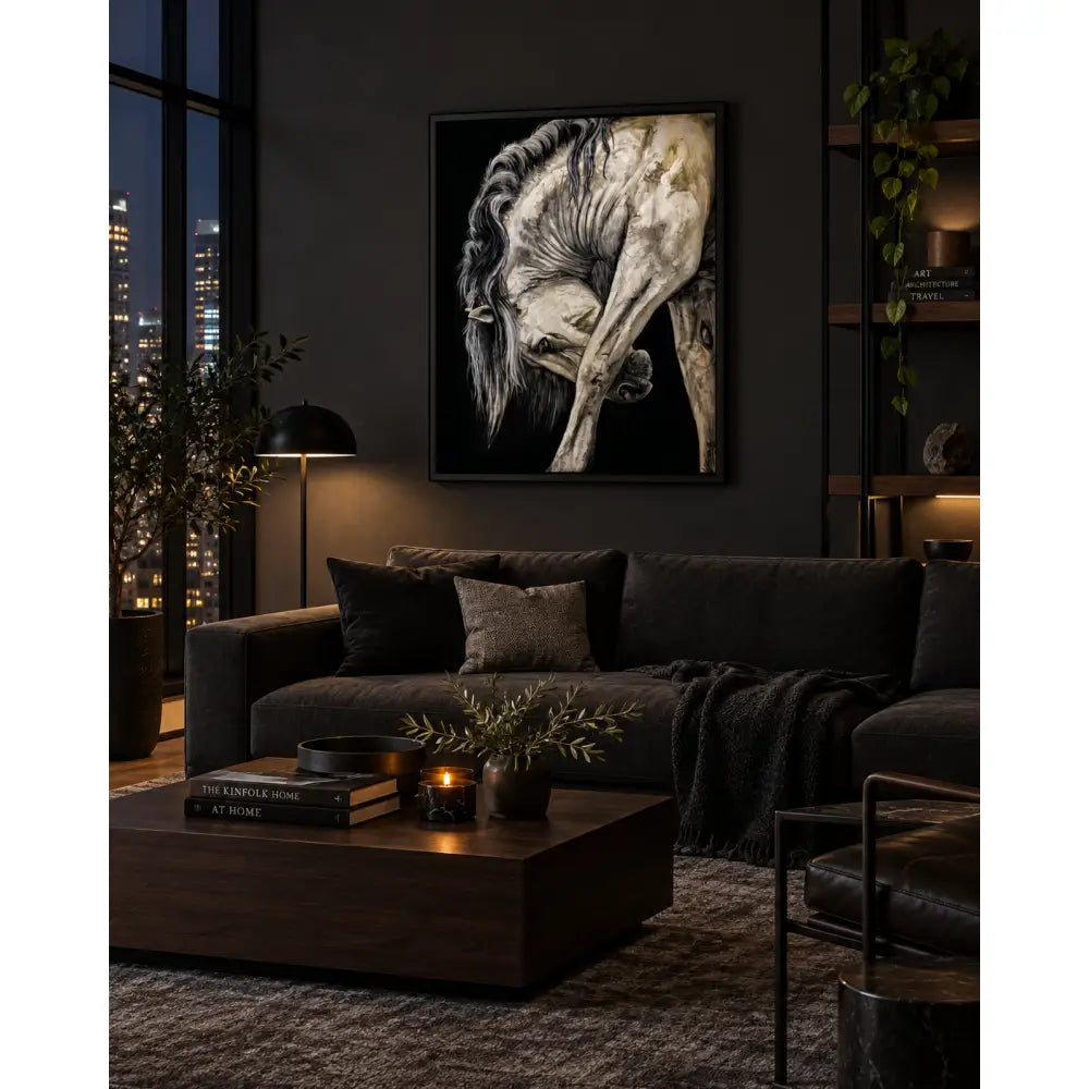 Black-framed fine art print titled untamed grace showing a detailed monochromatic portrait of a horse by nadine ewing