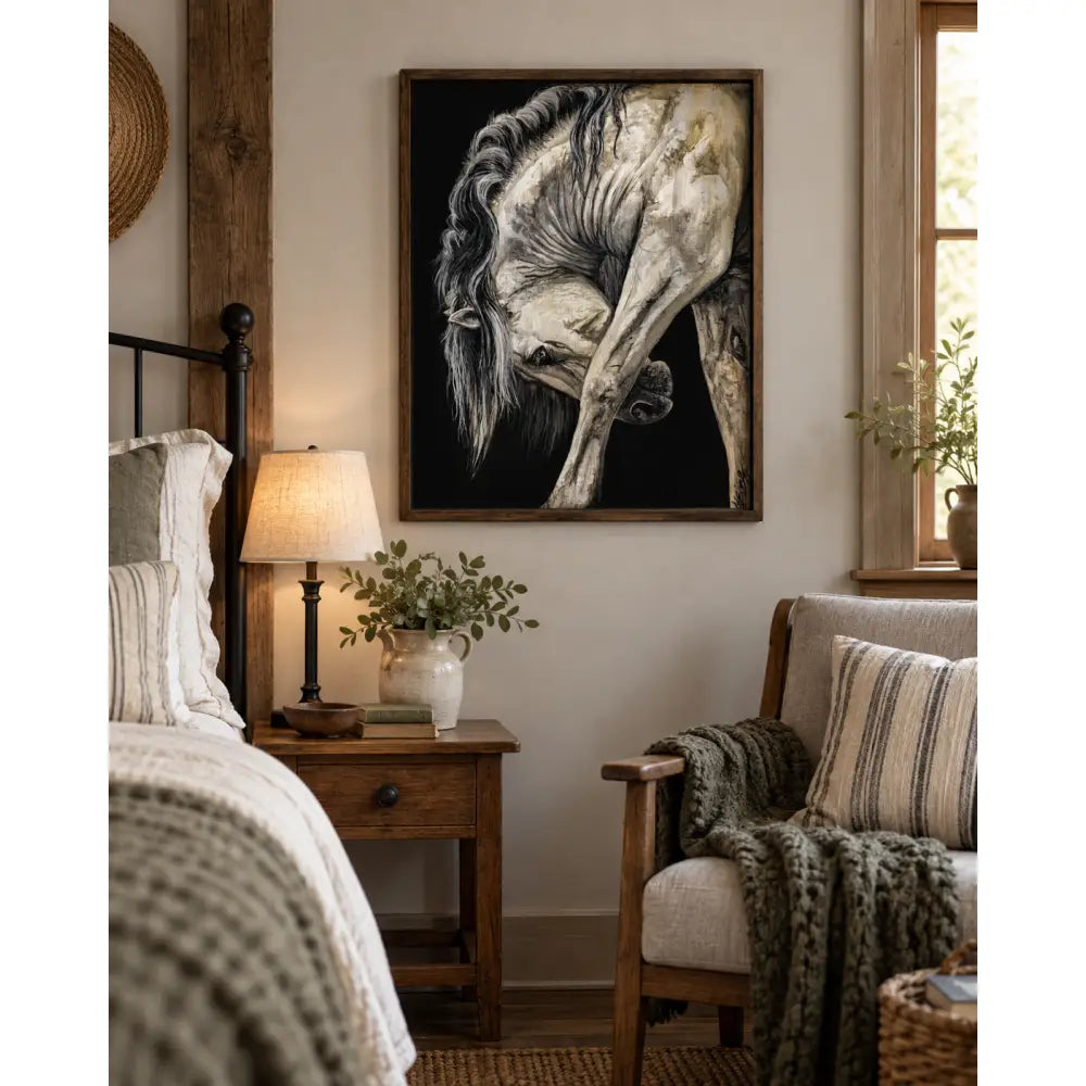 A framed black-and-white fine art print of a muscular horse with flowing mane titled Untamed Grace by Nadine Ewing