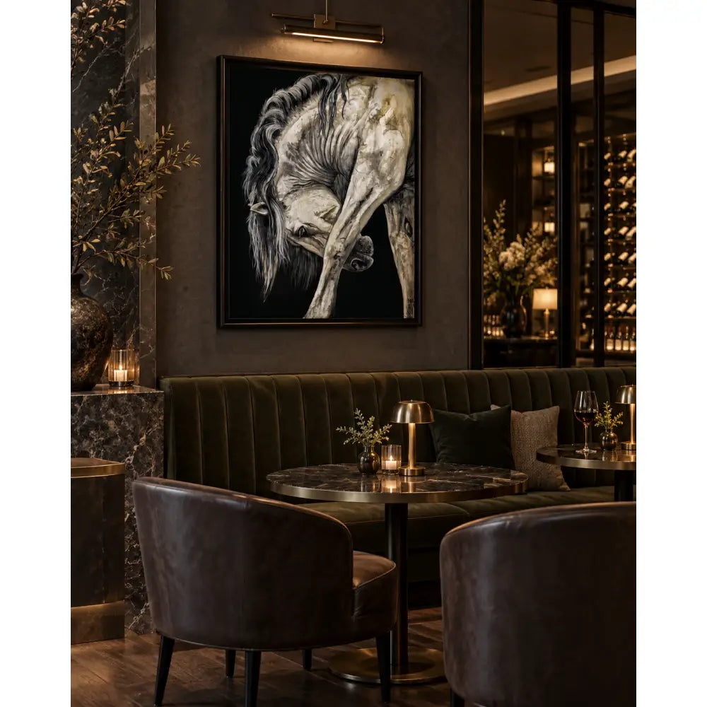 A striking black and white fine art print of a horse titled untamed grace by nadine ewing in a textured frame