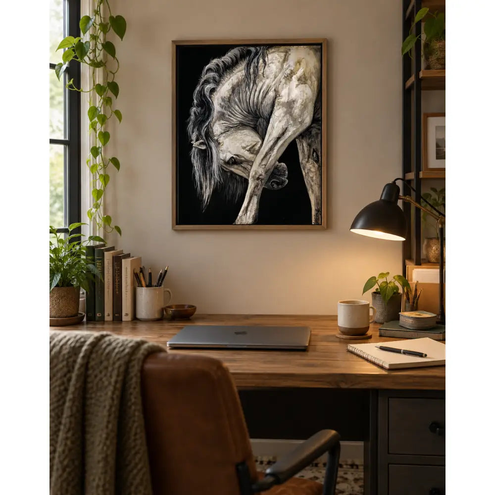 A framed black-and-white fine art print of a horse with flowing mane titled untamed grace by nadine ewing