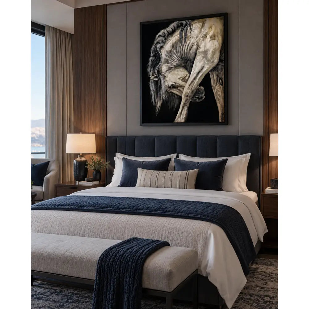 Black-framed fine art print untamed grace featuring a white horse with flowing mane by nadine ewing