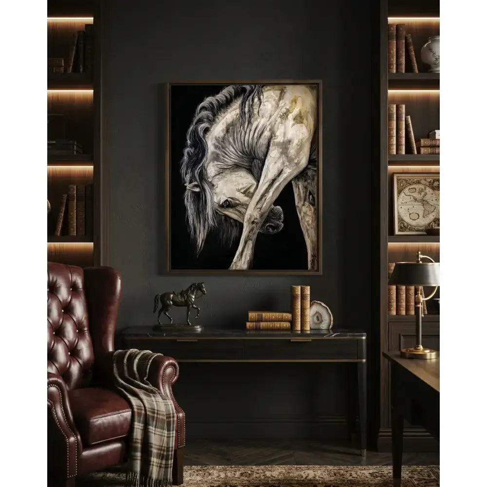 A framed black-and-white equestrian fine art print of a horse with flowing mane titled untamed grace by nadine ewing