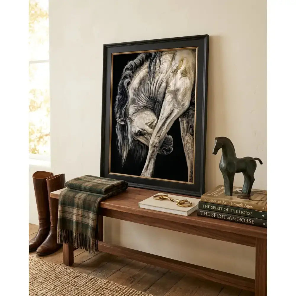 Black-framed untamed grace equestrian fine art print by nadine ewing featuring a detailed monochromatic horse portrait