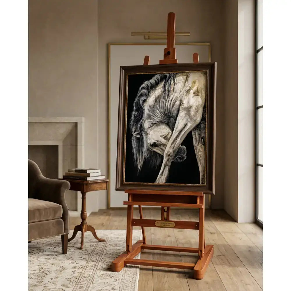 A detailed black-and-white horse head painting framed in dark wood on an adjustable easel untamed grace by nadine ewing