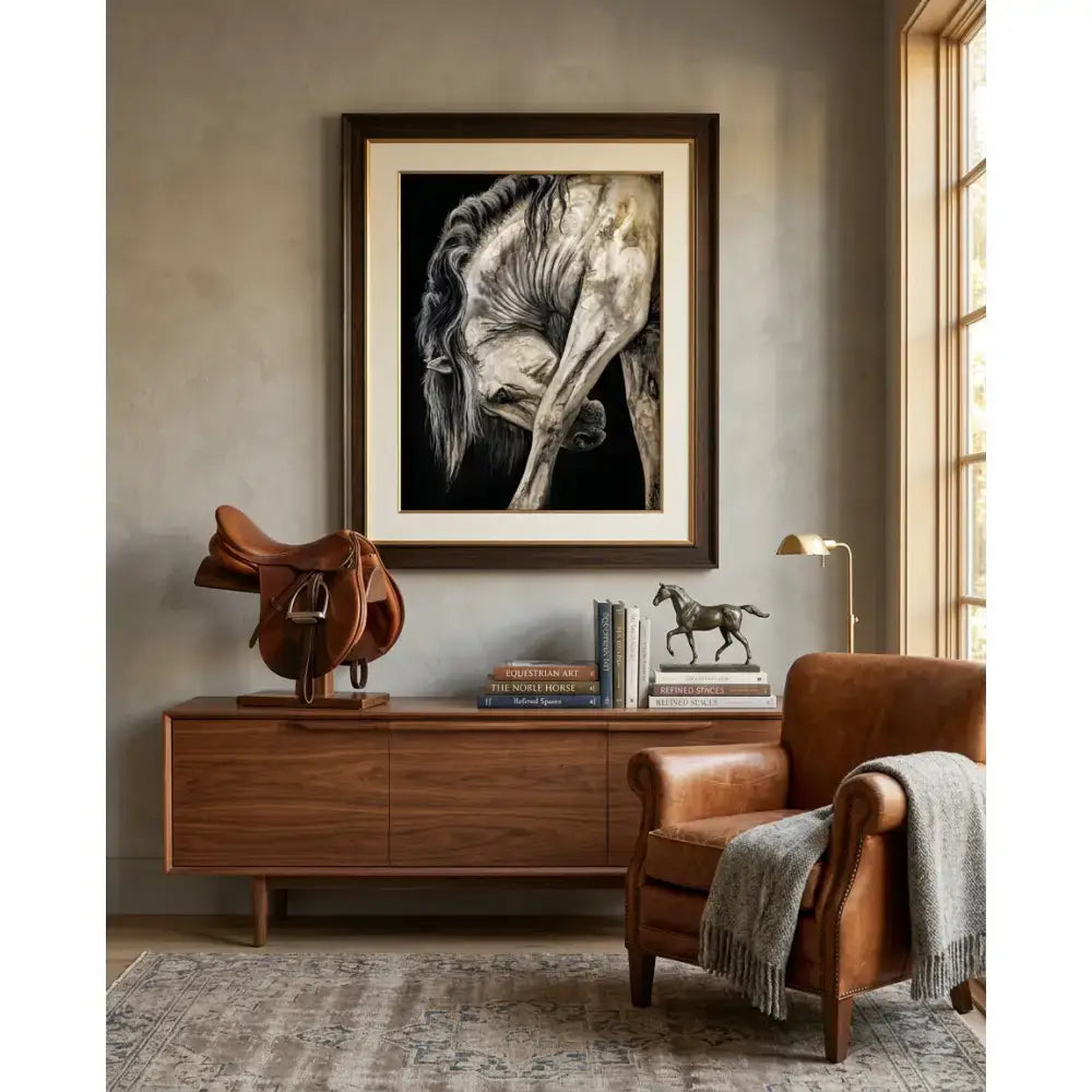 A detailed black-and-white equestrian fine art print of a horse head in profile by nadine ewing titled untamed grace framed in wood