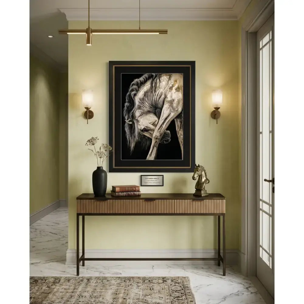 Black-framed untamed grace equestrian fine art print by nadine ewing featuring a detailed monochromatic horse head sketch