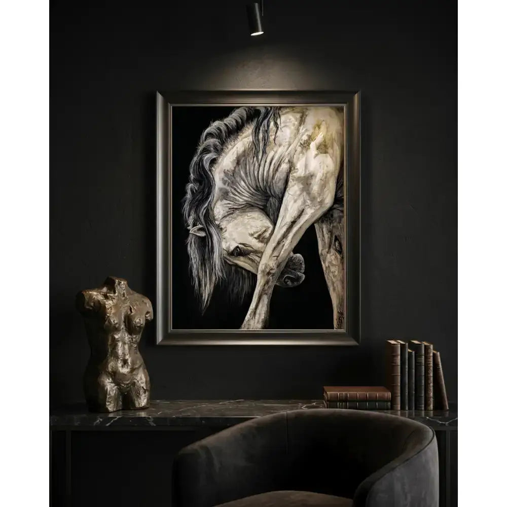 A framed black and white painting of a white horse with flowing mane untamed grace equestrian fine art by nadine ewing