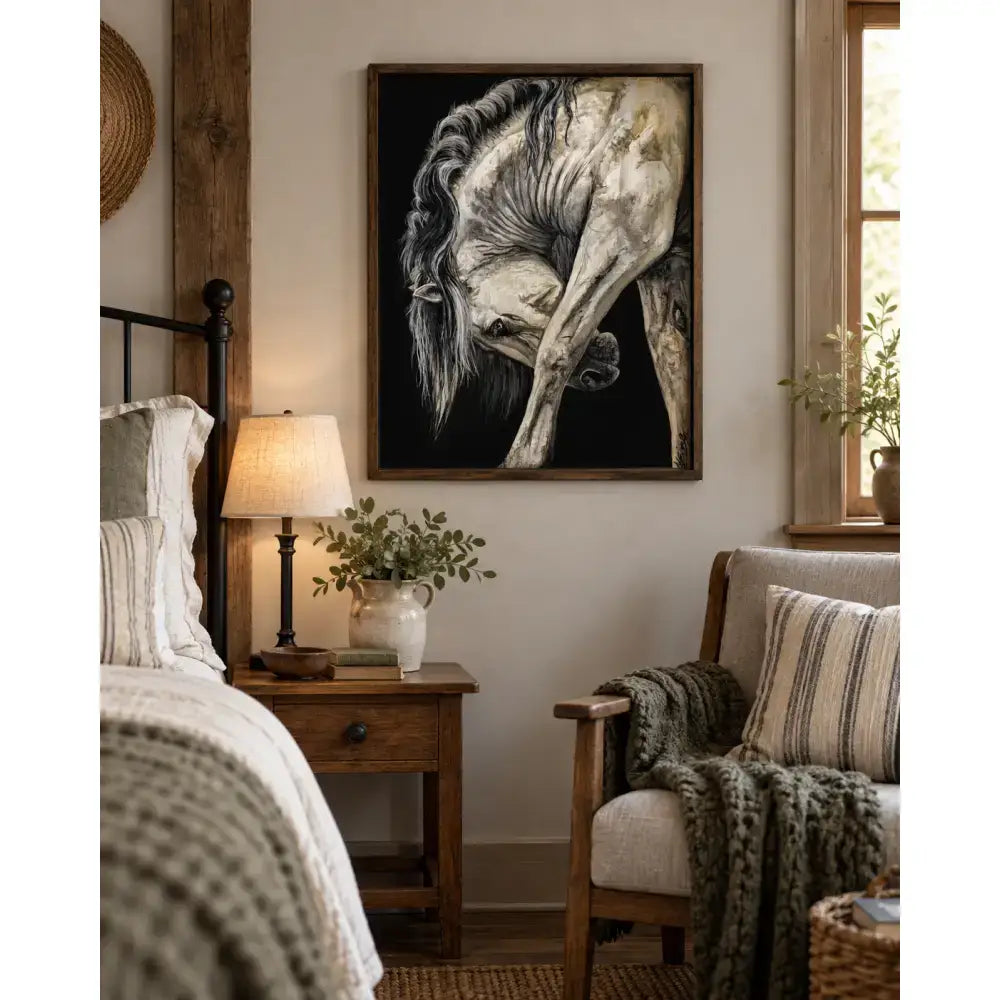 Framed black and white equestrian fine art print of a horse with flowing mane titled untamed grace by nadine ewing