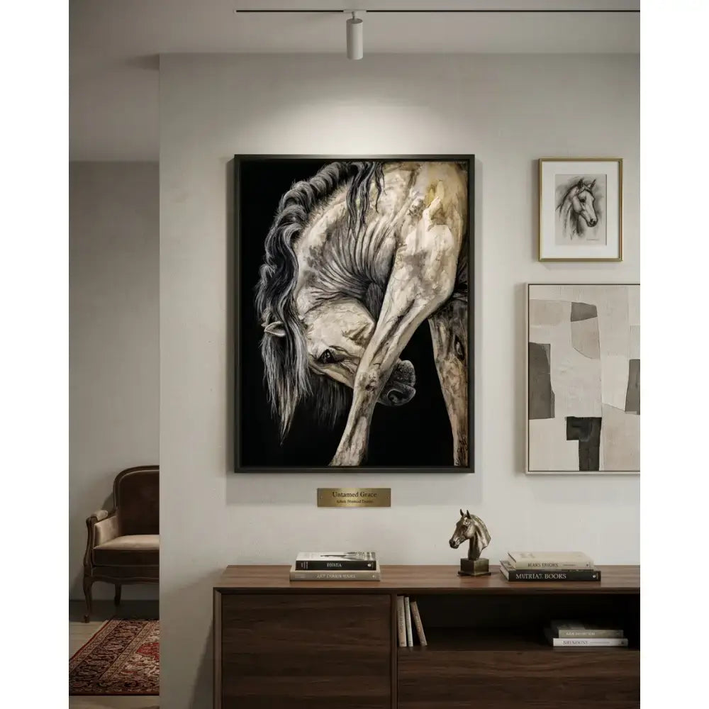 Black-and-white canvas painting of a horse with flowing mane untamed grace equestrian fine art by nadine ewing