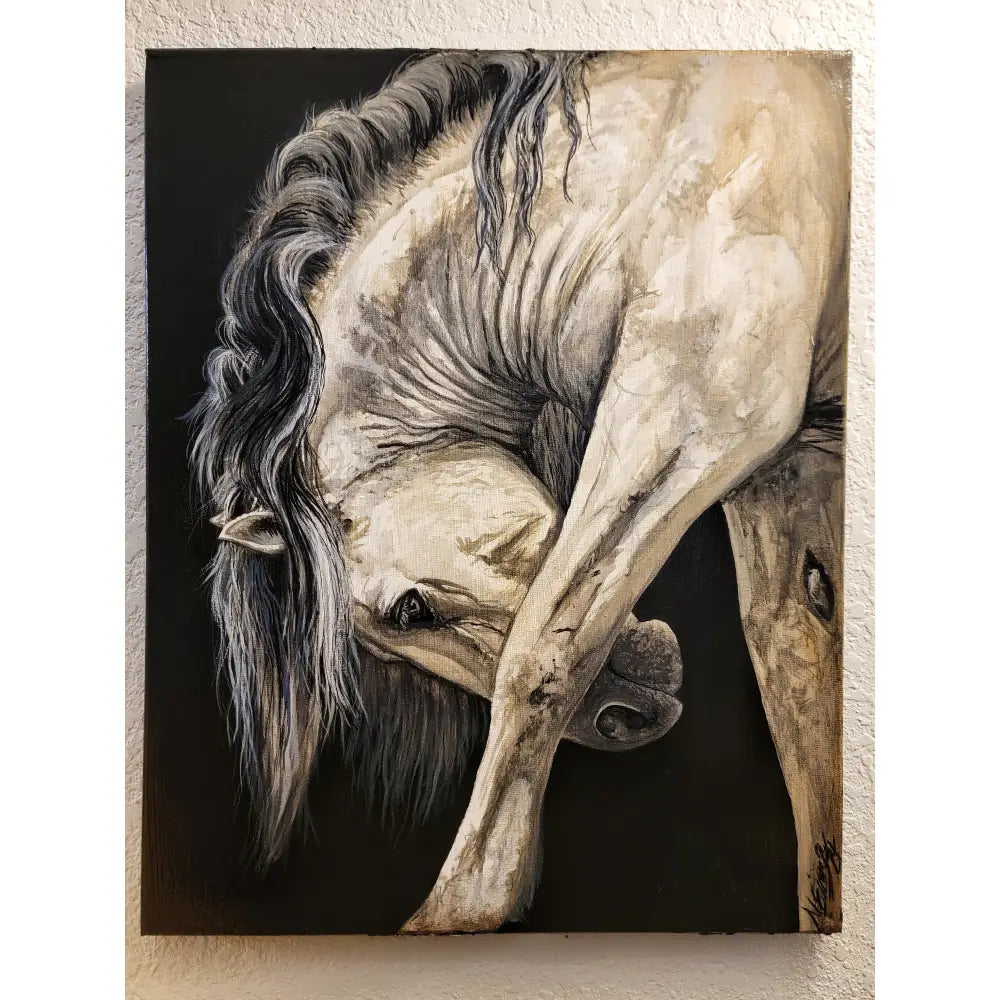 A detailed untamed grace original acrylic painting of a white horse with dark mane by Nadine Ewing on canvas