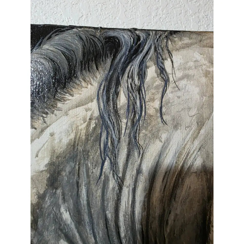 Textured canvas painting untamed grace original by nadine ewing featuring a flowing dark gray and black horse mane