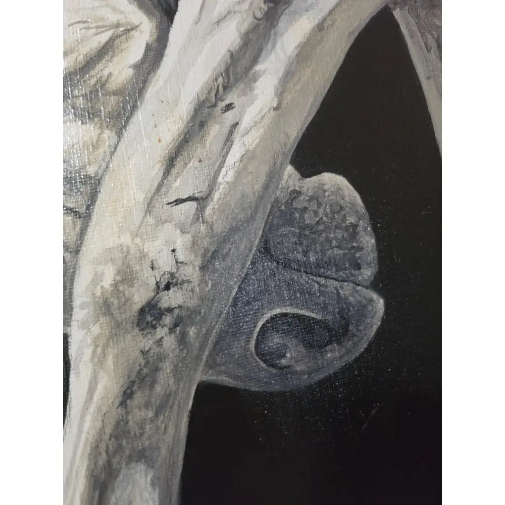 A textured monochromatic acrylic painting of a gnarled tree branch with a shadowy hollow untamed grace original