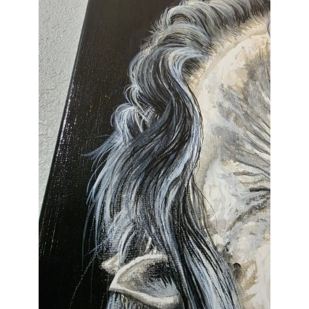 Untamed grace original acrylic painting by nadine ewing featuring a horse’s flowing black and silver mane with textured brushstrokes