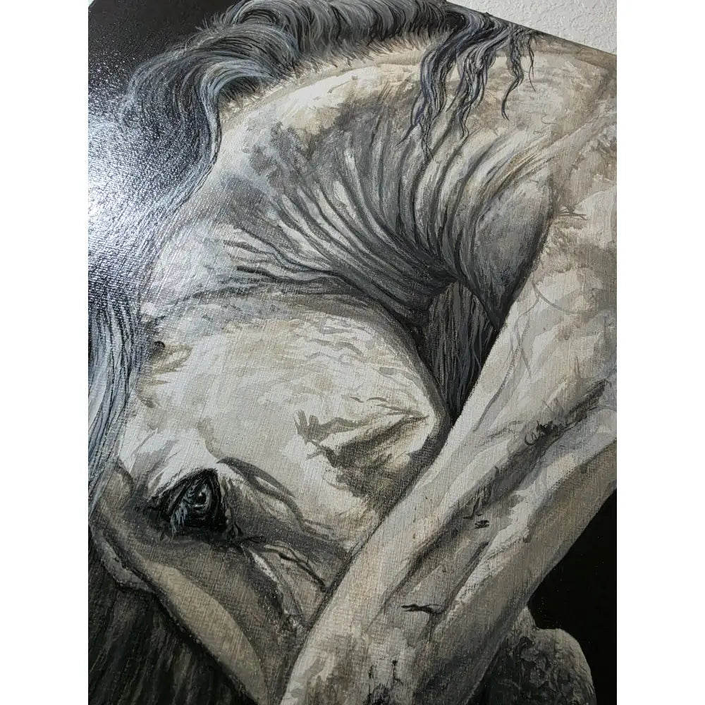 A detailed charcoal and graphite horse head on textured canvas in untamed grace original acrylic painting by Nadine Ewing