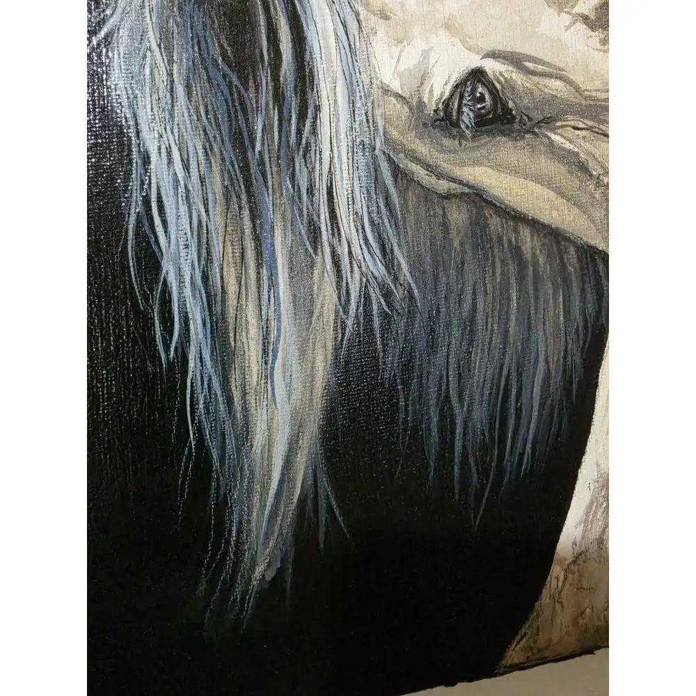 A close-up of untamed grace original acrylic painting by Nadine Ewing showing silver and black hair on dark background