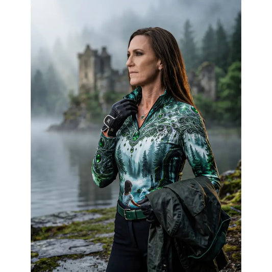 A woman wears a green and white whispering waters riding shirt with peacock feather patterns by karen reinertson