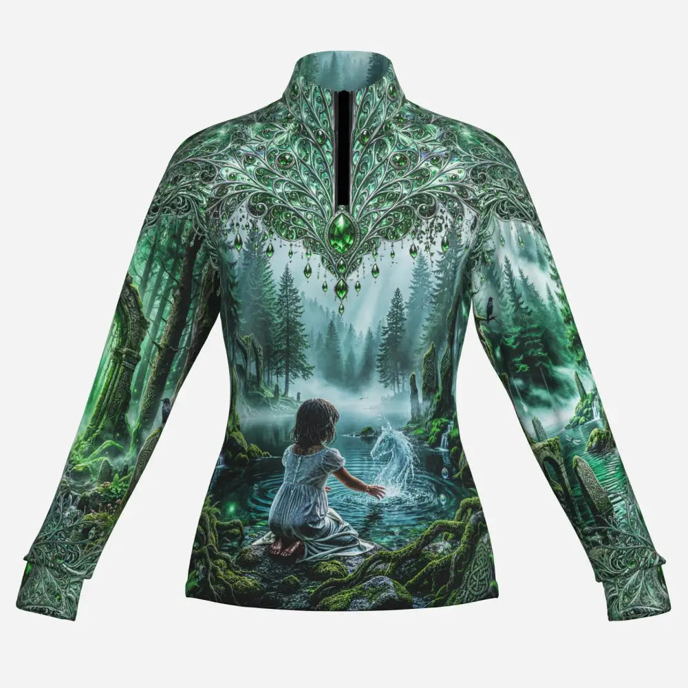 Whispering Waters performance equestrian sun shirt with long sleeves high neck zip emerald green fantasy print