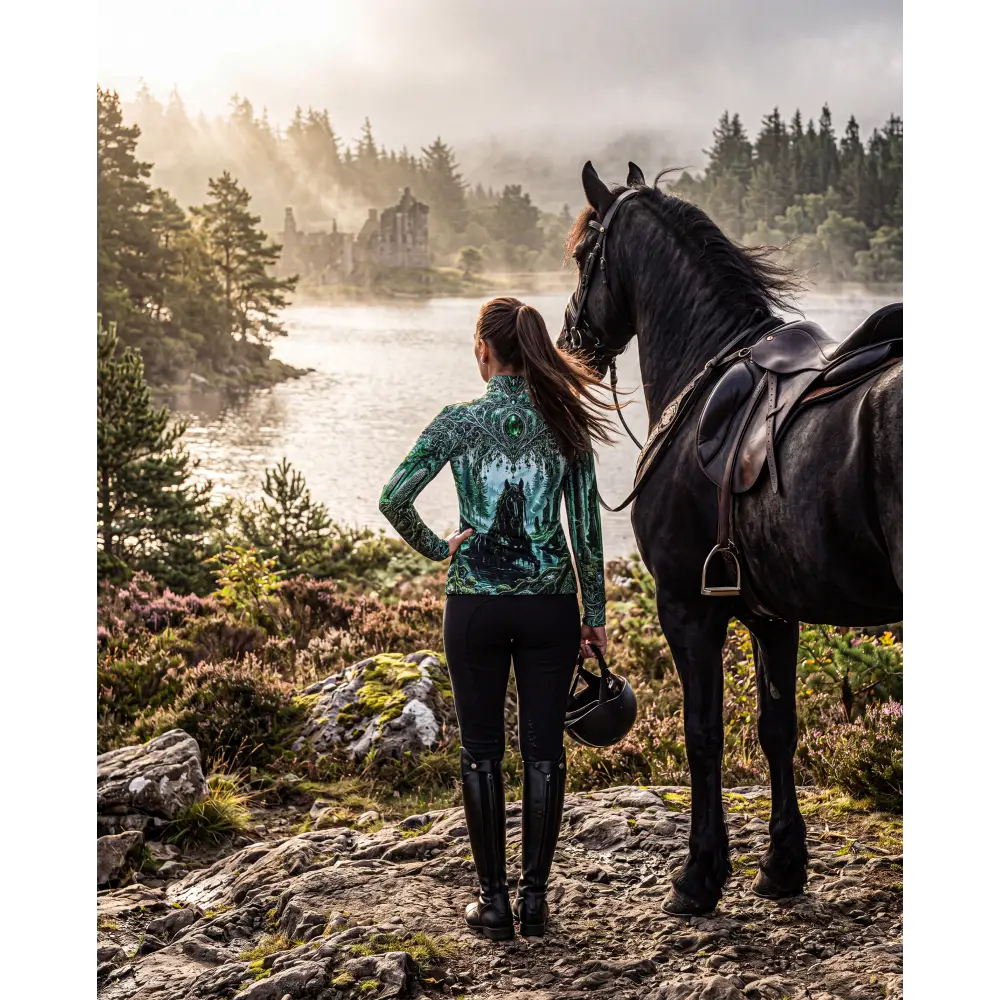 Green long-sleeved performance equestrian sun shirt upf50+ with intricate black and teal wolf design whispering waters