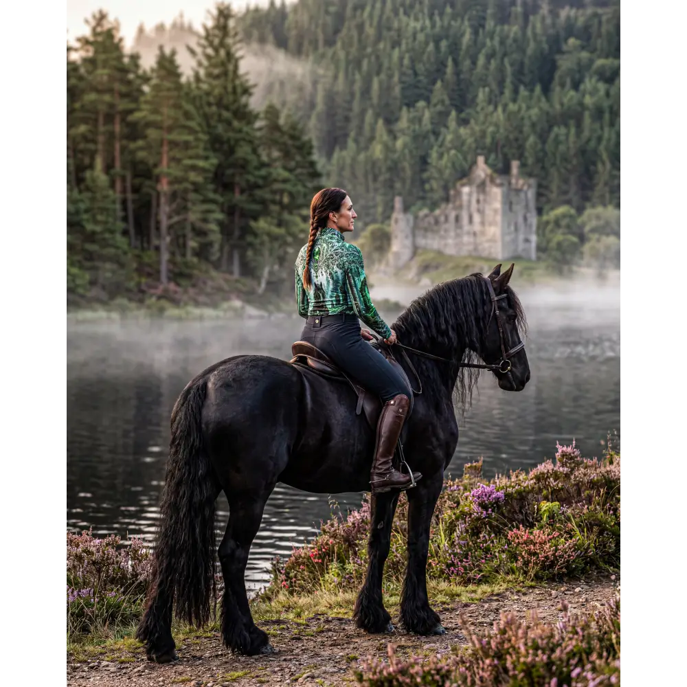 A woman rides a black horse near misty water wearing a green patterned whispering waters performance equestrian sun shirt upf50+