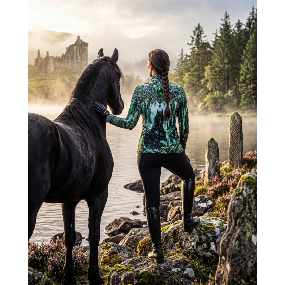 A woman wearing a vibrant green and black whispering waters performance equestrian sun shirt with glowing eyes design