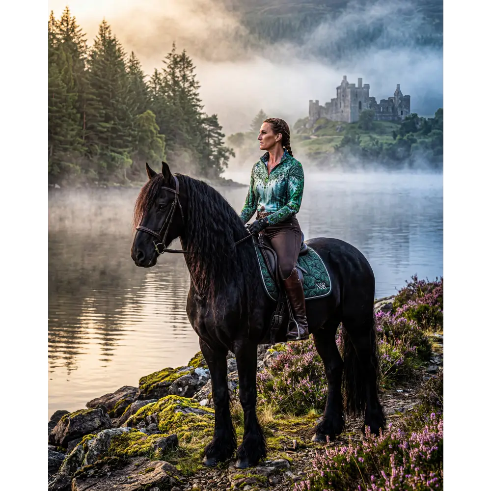 A woman wears a green patterned whispering waters performance equestrian sun shirt upf50 while riding a friesian horse
