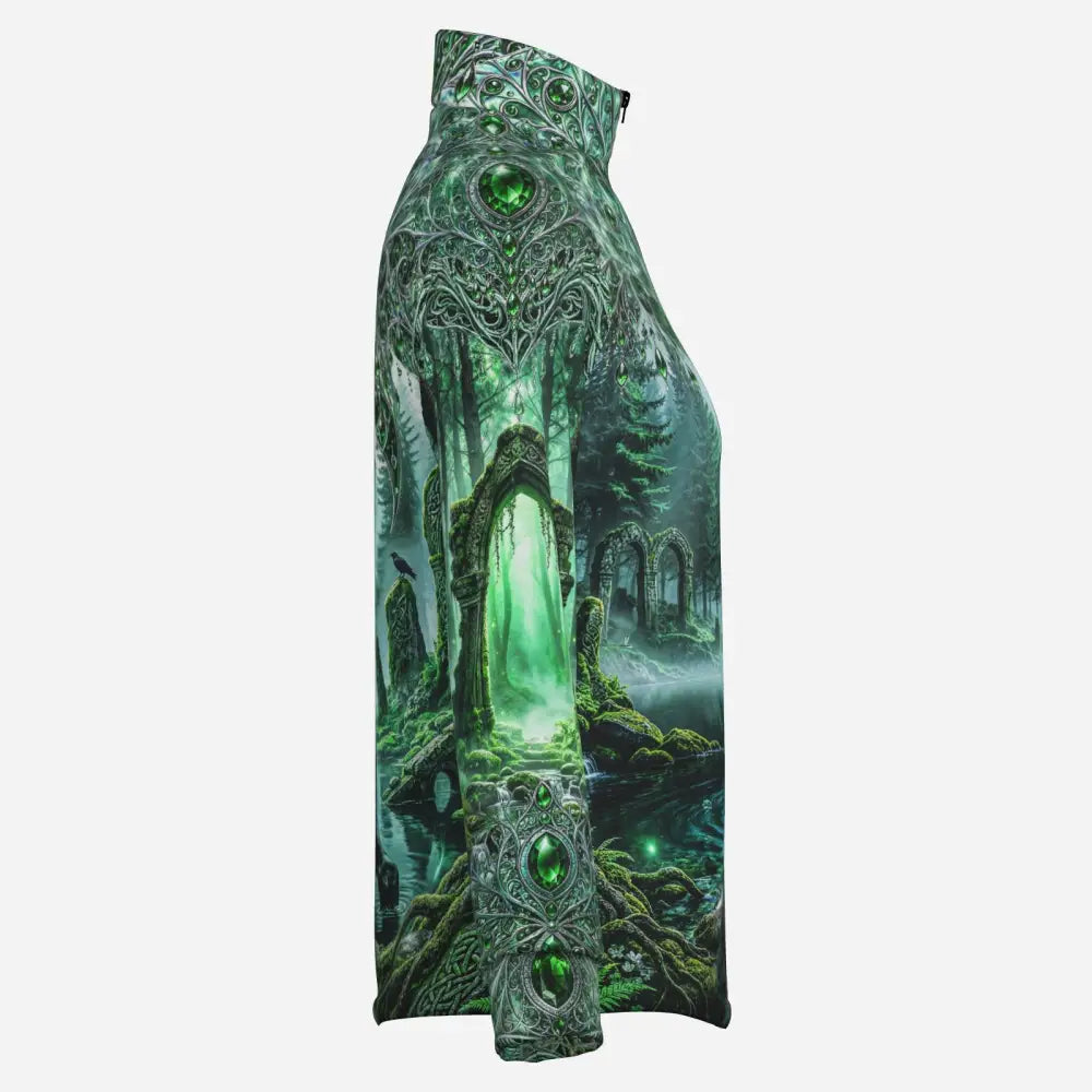 Whispering waters long-sleeved performance equestrian sun shirt with emerald green gemstone fantasy print and upf50+ protection
