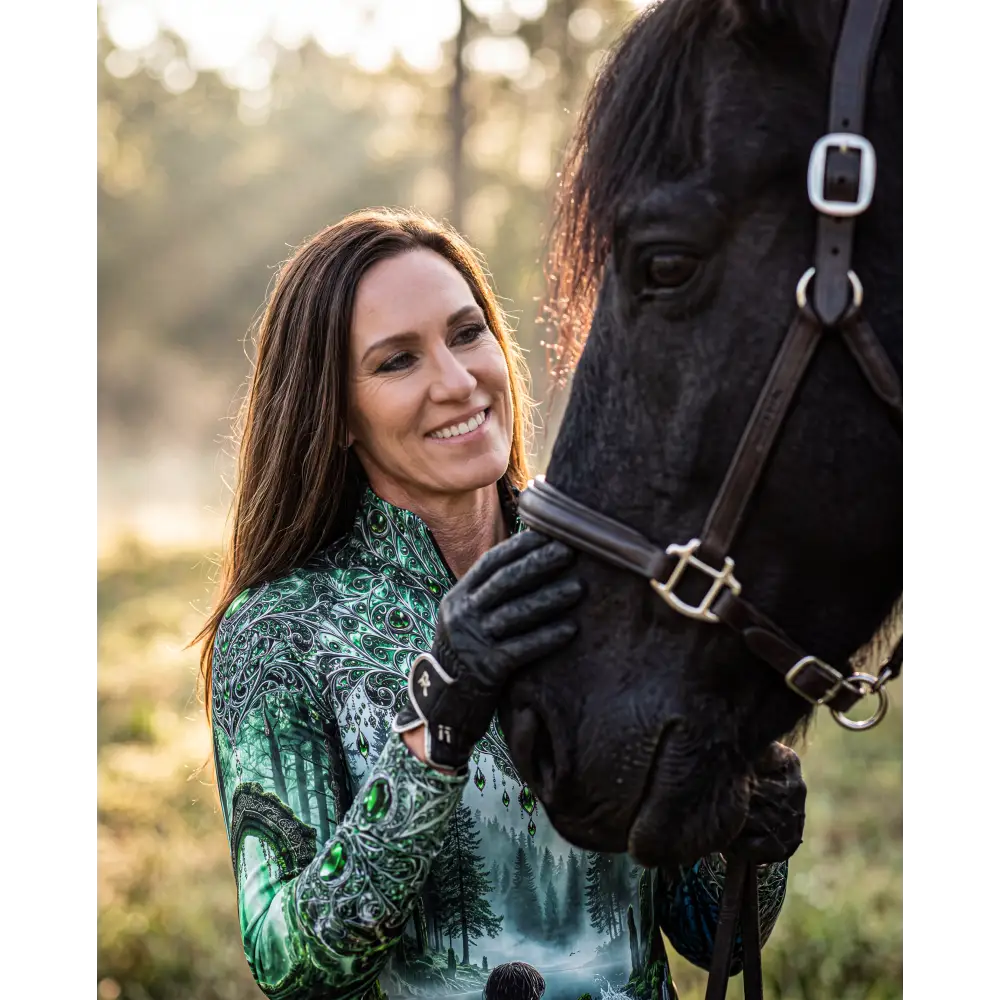 Green patterned long-sleeve performance equestrian sun shirt with forest and peacock design upf50 plus