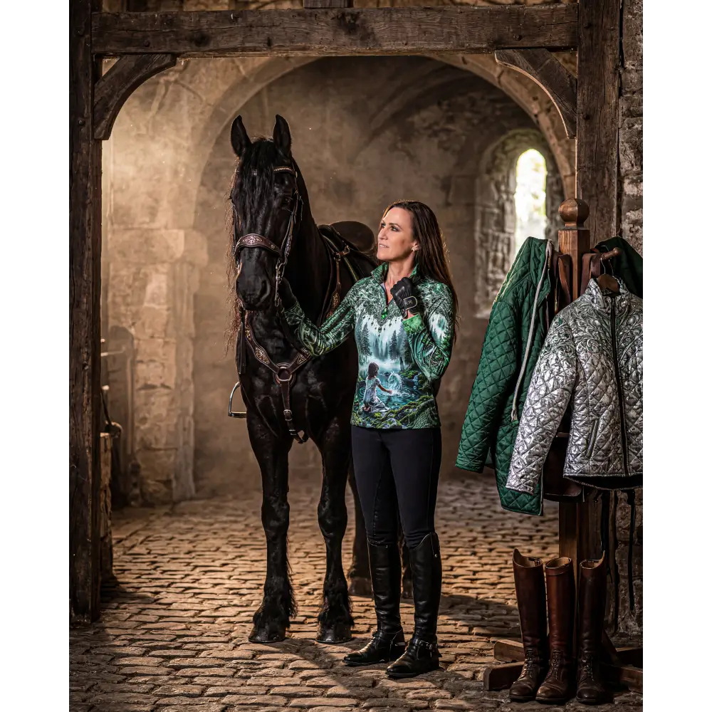 Whispering waters performance equestrian sun shirt upf50 plus long sleeve in green forest with breathable fabric