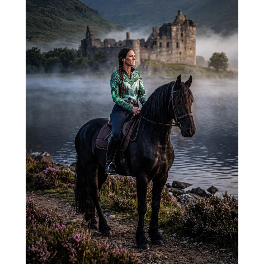 A woman rides a black horse wearing a green patterned whispering waters performance equestrian sun shirt upf50+ near a castle