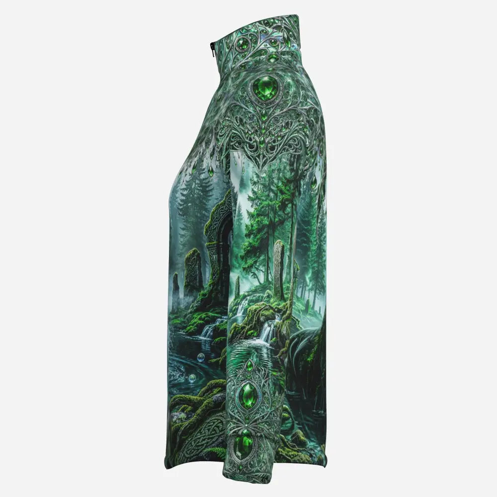 Whispering waters performance equestrian sun shirt with long sleeves emerald green gemstones and celtic forest design