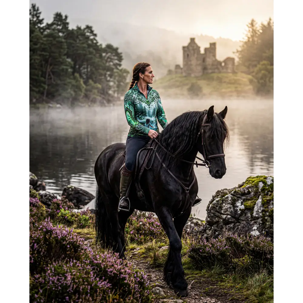 A woman rides a sleek black horse wearing a vibrant green and teal whispering waters performance sun shirt upf50+ along a misty lakeside path