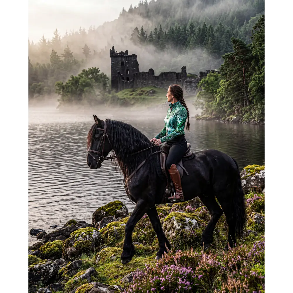 A woman rides a black horse along a mossy shoreline wearing a green patterned whispering waters upf50+ sun shirt