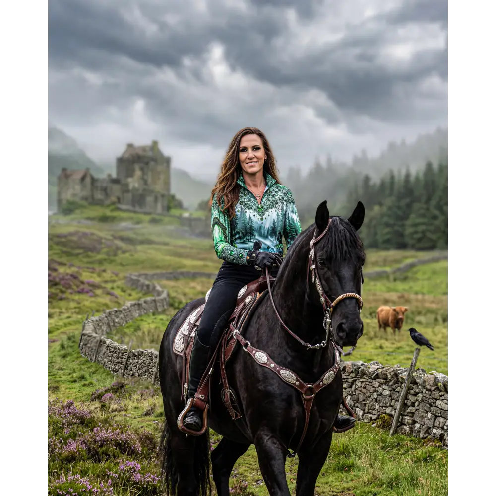 A woman wears a green and blue patterned whispering waters performance equestrian sun shirt upf50 plus on a black horse