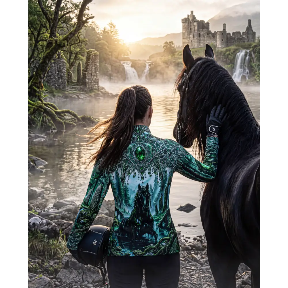 A woman wears a long-sleeved high-neck Whispering Waters performance equestrian sun shirt with green and teal design and emerald horse motif