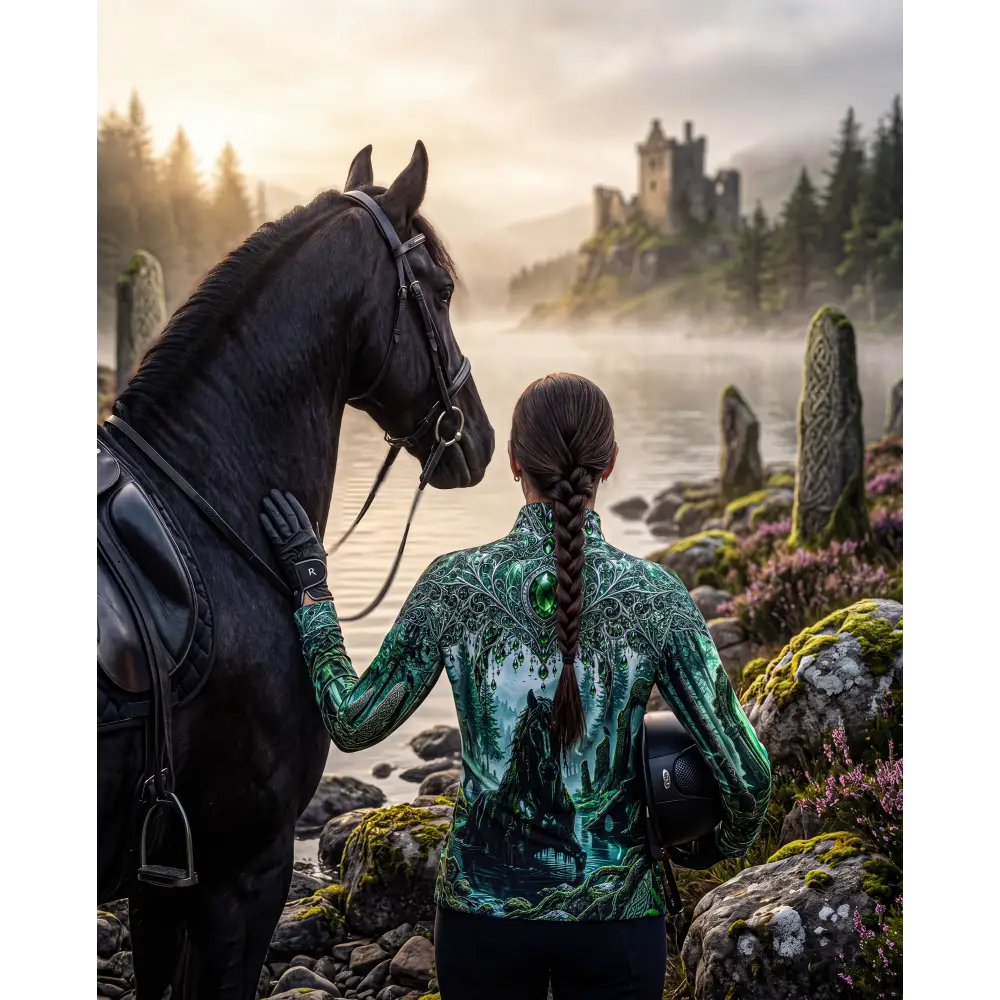 Back of a whispering waters performance equestrian sun shirt with upf50 plus featuring a green teal forest design and glowing emerald gemstone