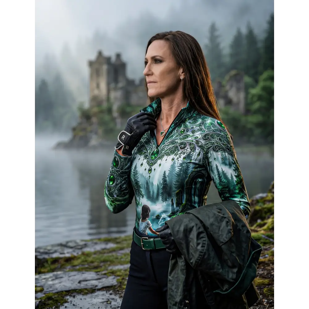 A woman wearing a long-sleeved green and white forest-themed whispering waters performance equestrian sun shirt upf50+