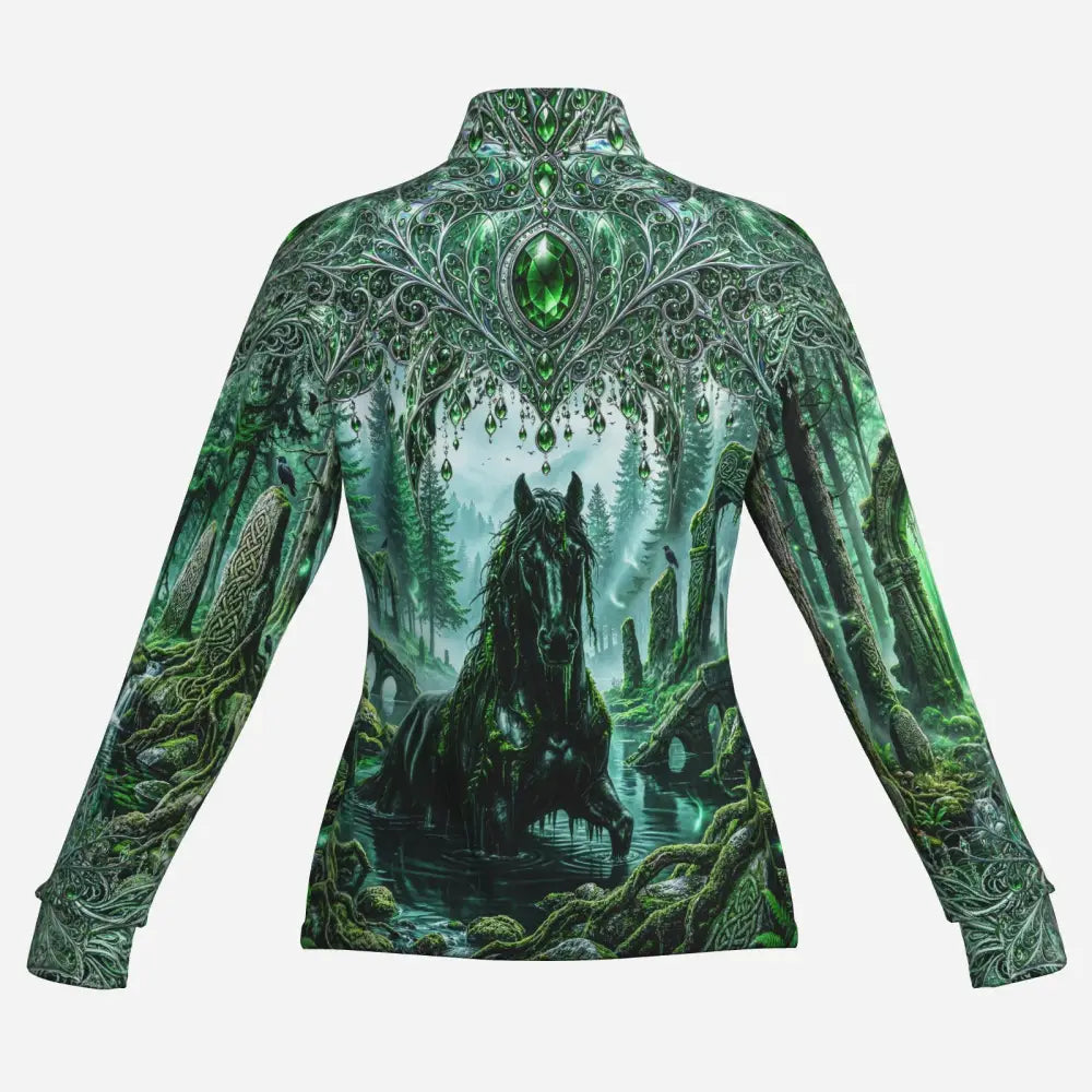 Whispering waters performance equestrian sun shirt upf50 plus with a dark horse fantasy print on a mossy forest background